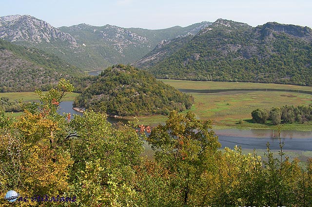 Ahogy a Crnojevica folyik a Skadarszki tó felé Montenegró